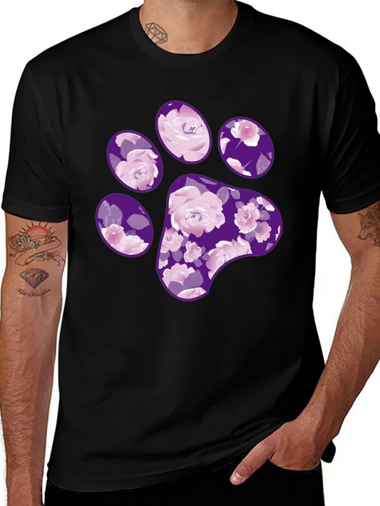 Floral Paw Print T-Shirt - Black Casual Tee