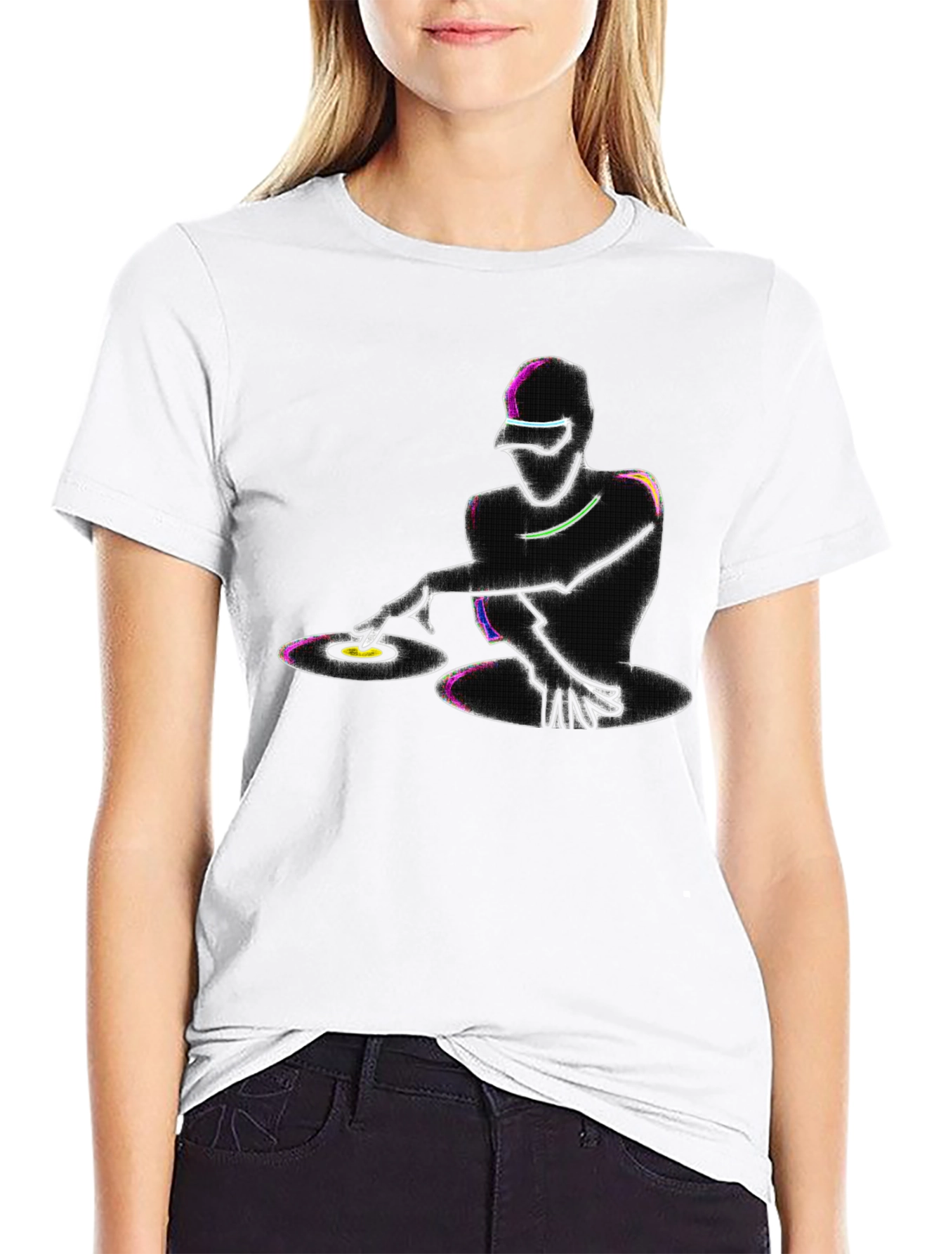 Neon DJ Graphic T-Shirt - Black Cotton Blend