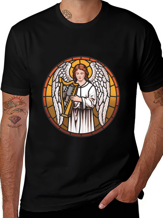 Angel Harpist Black T-Shirt - Religious Graphic Tee