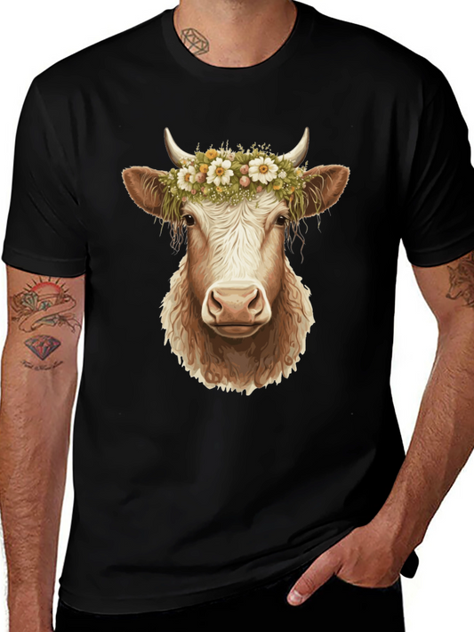 Cow with Flower Crown Graphic Tee - Black