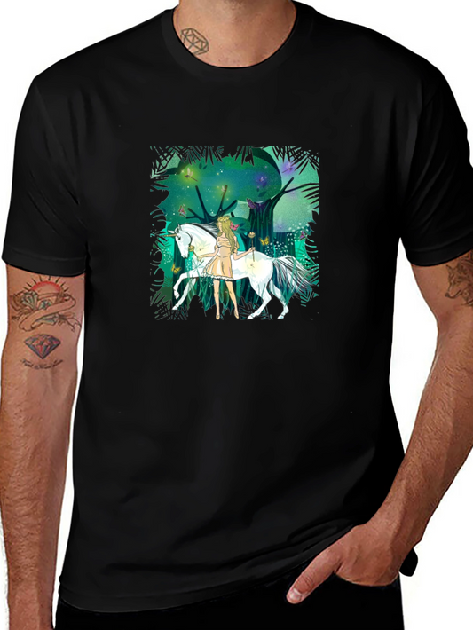 Fantasy Fairy & Horse Graphic Tee - Black