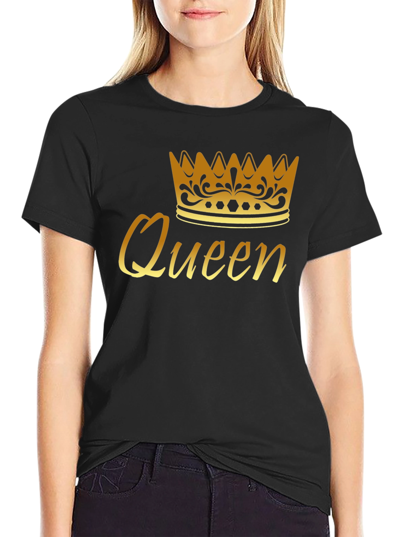 Queen Crown Graphic Tee - Gold Print Black T-Shirt