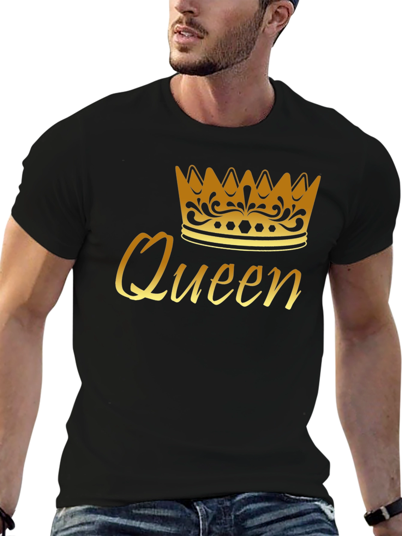 Queen Crown Graphic Tee - Gold Print Black T-Shirt