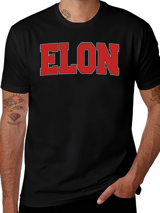 Elon Crew Neck T-Shirt - Solid Black with Bold Red Lettering