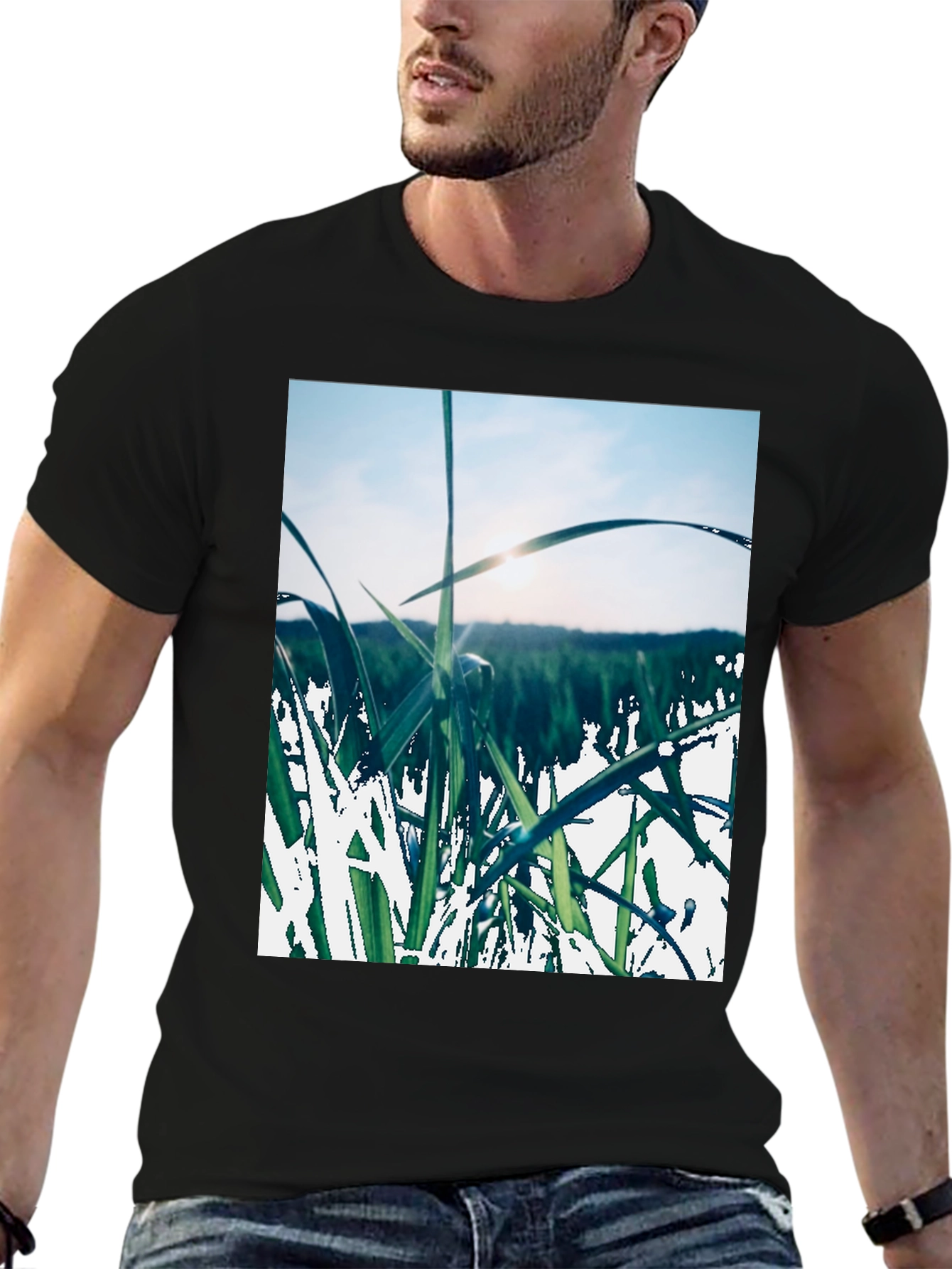 Grass Field Print Black T-Shirt