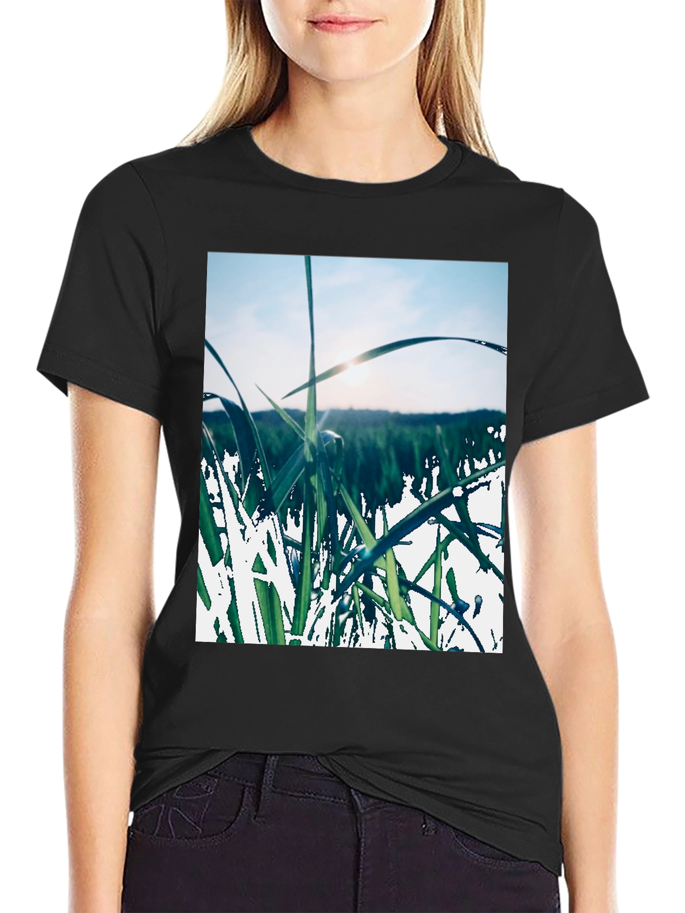 Grass Field Print Black T-Shirt