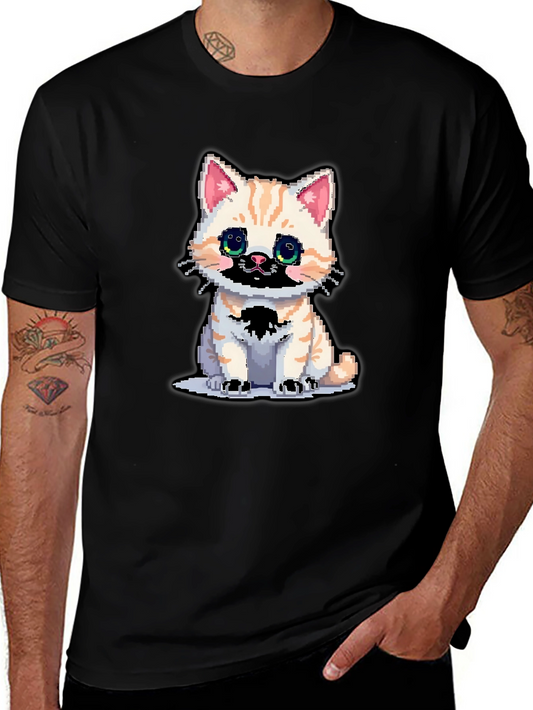Pixelated Cat T-Shirt - Black Cotton Tee