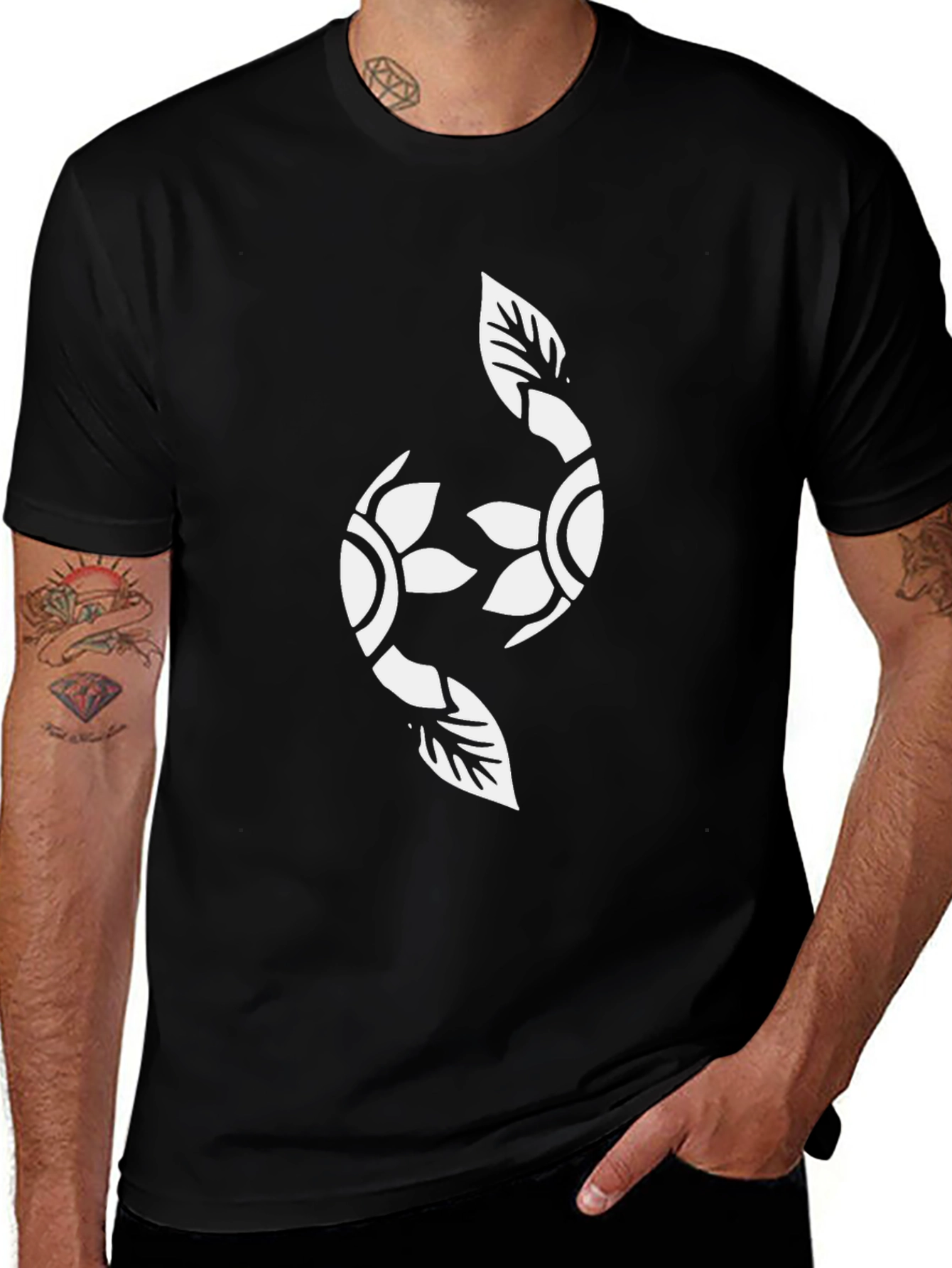 Black Graphic Tee with Floral Yin Yang
