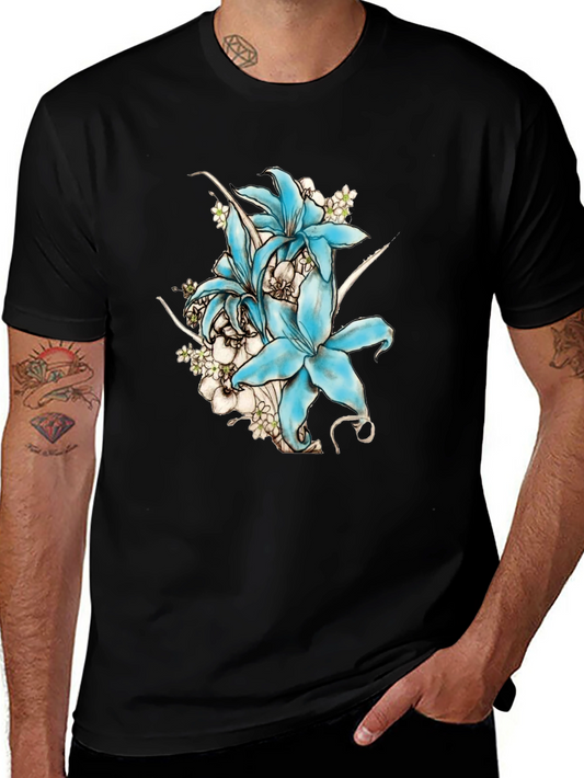 Floral Lily Graphic Print T-Shirt - Black