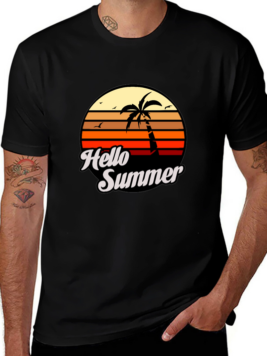 Hello Summer Palm Tree Sunset Graphic T-Shirt