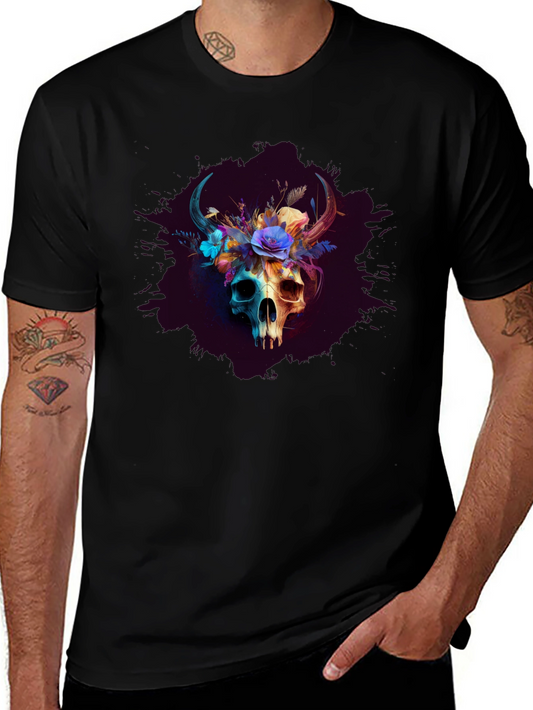 Floral Horned Skull Graphic Tee - Dark Aesthetic Shirt