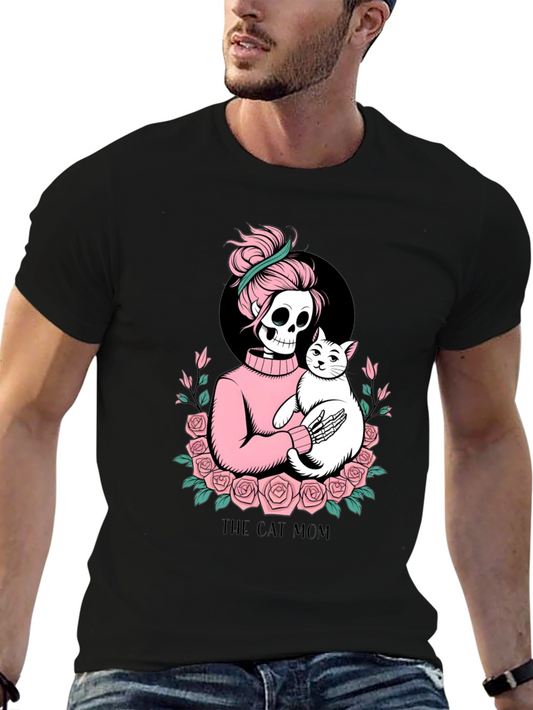Skeleton Cat Mom Graphic Tee - Black