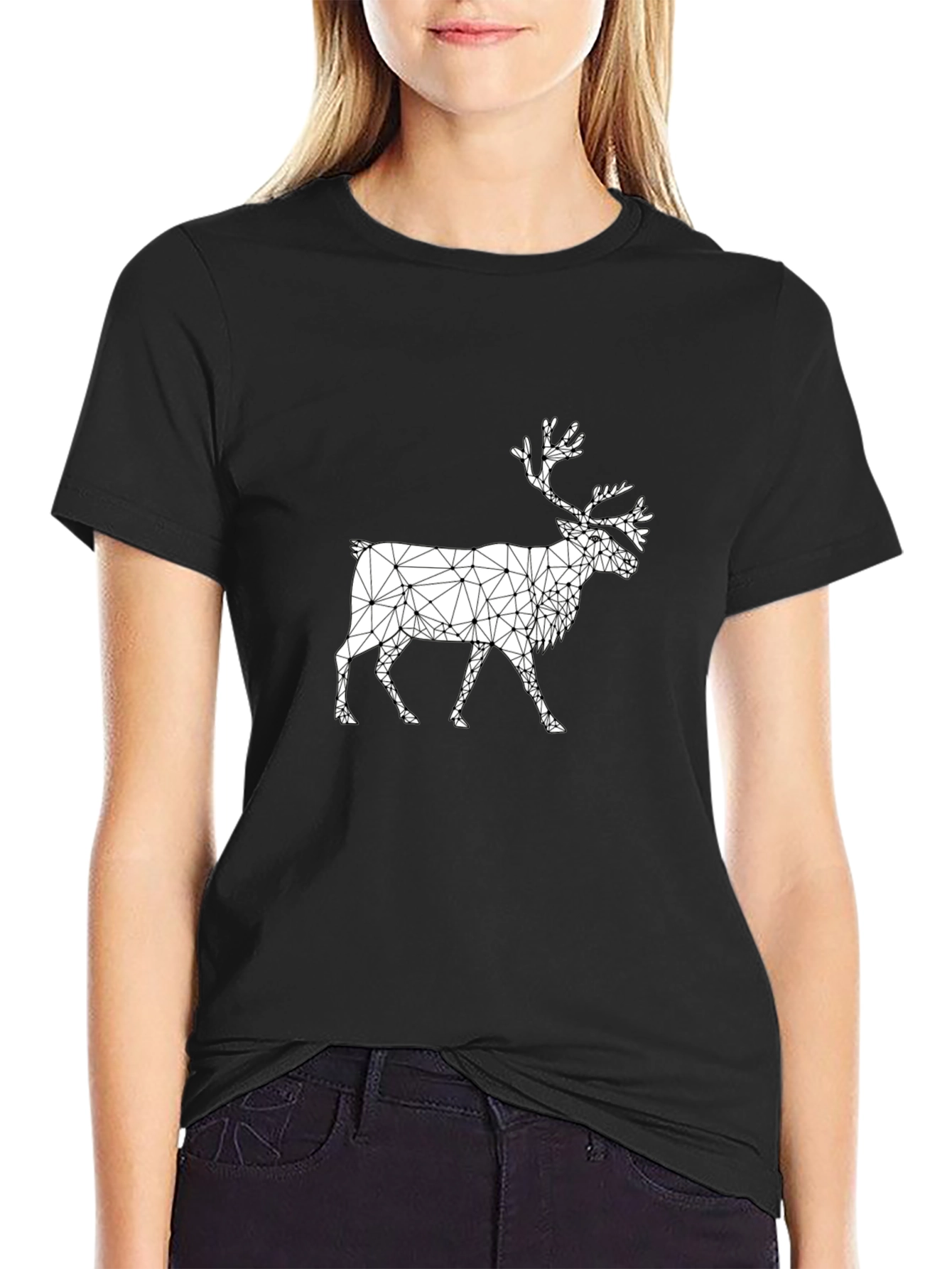 Geometric Reindeer Graphic Black T-Shirt