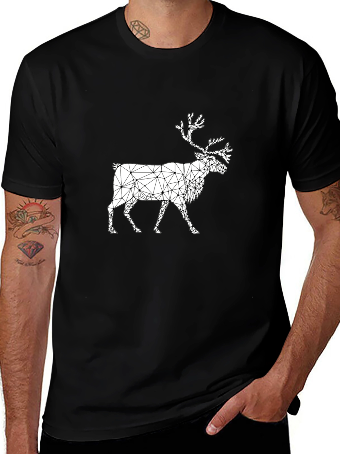 Geometric Reindeer Graphic Black T-Shirt