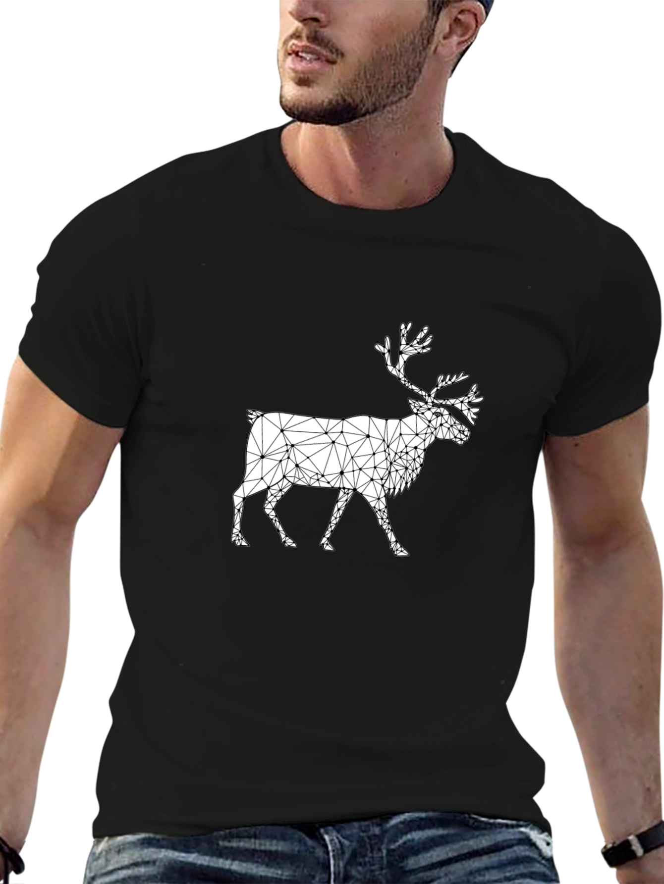 Geometric Reindeer Graphic Black T-Shirt