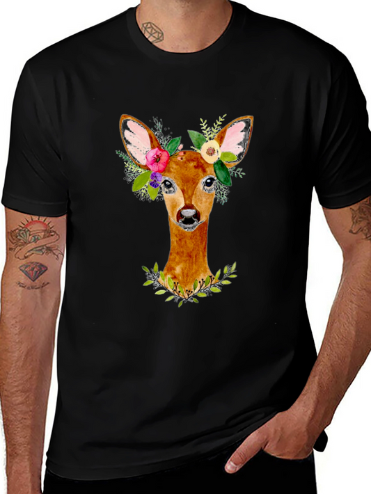 Floral Deer Graphic Tee - Unisex Black T-Shirt