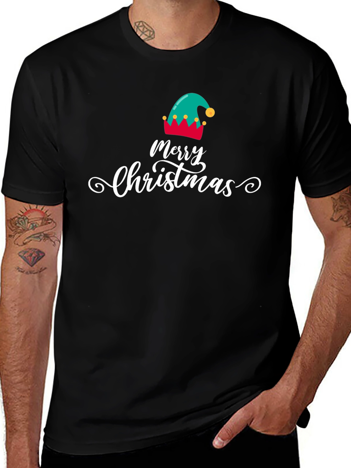 Merry Christmas Elf Hat Graphic T-Shirt
