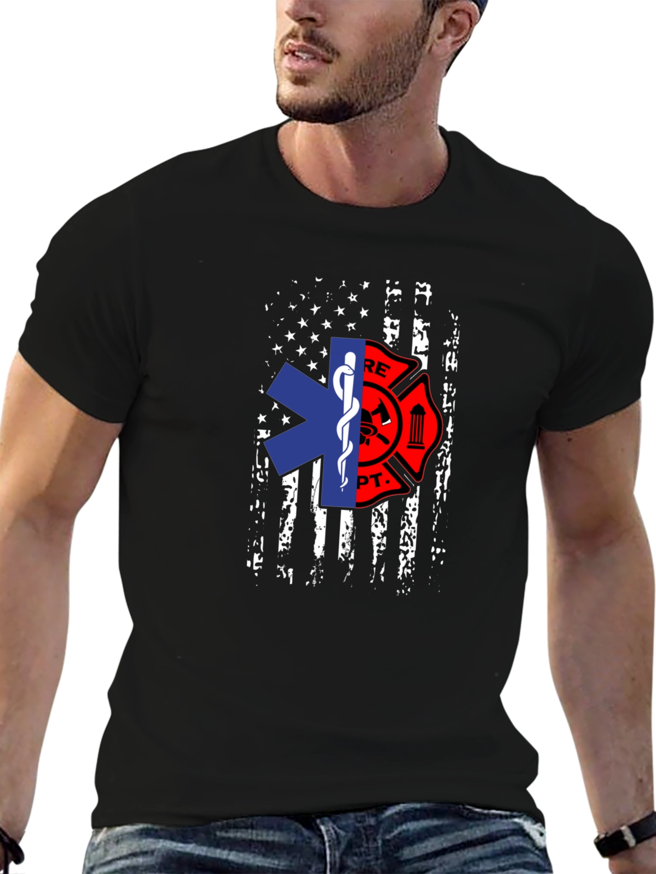 Firefighter EMS American Flag Graphic T-Shirt
