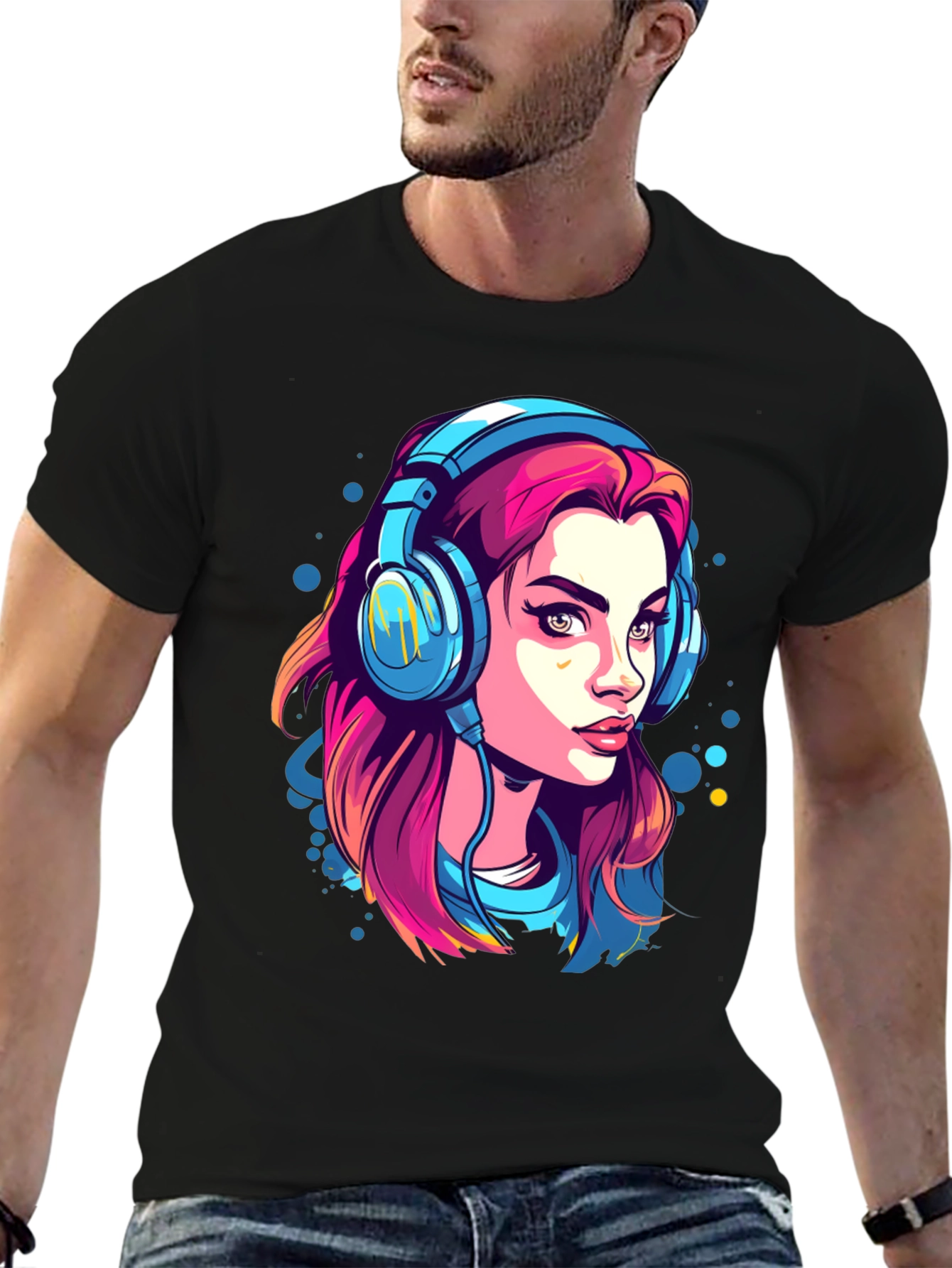 Girl with Headphones Graphic Tee - Black