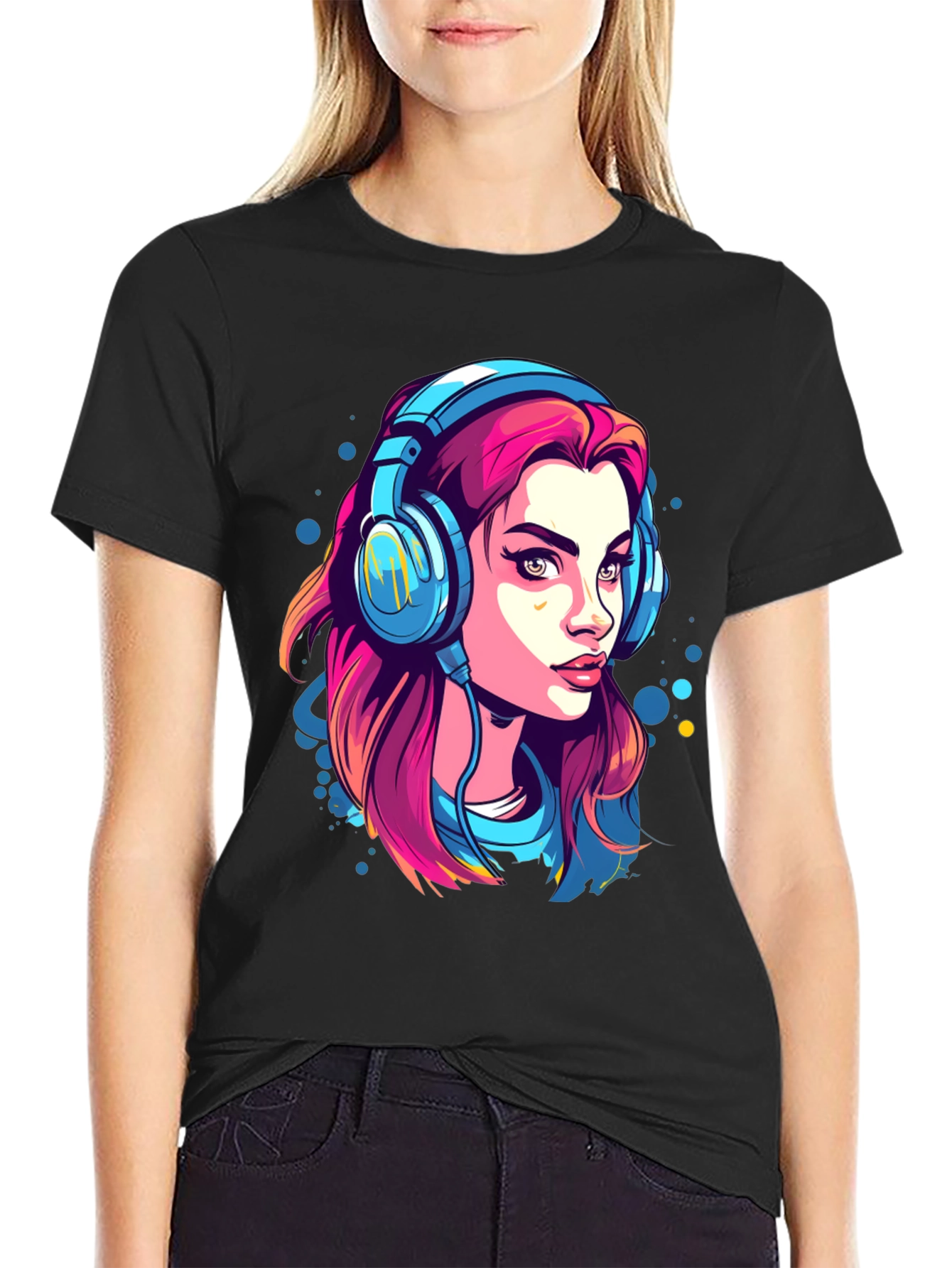 Girl with Headphones Graphic Tee - Black