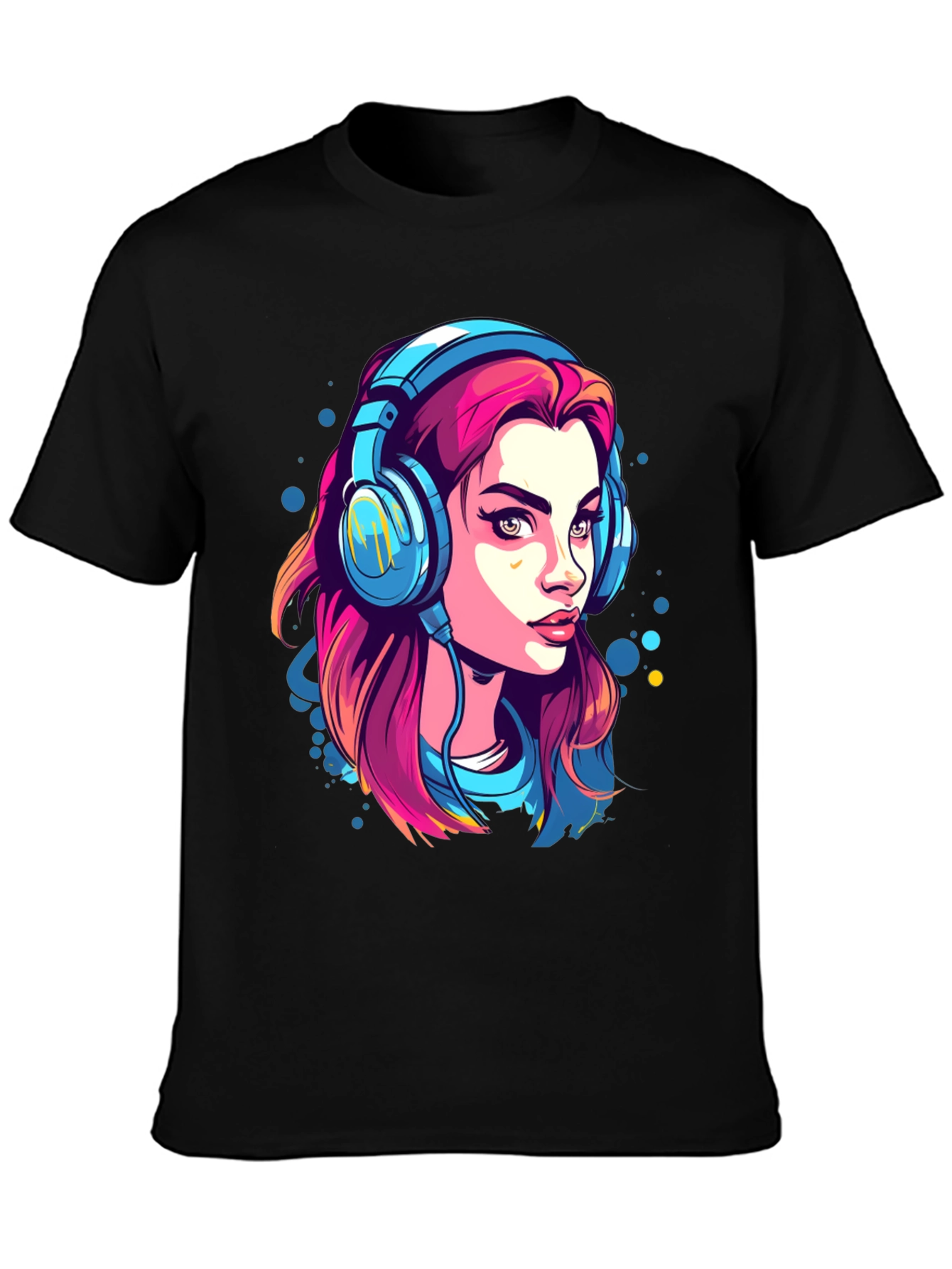 Girl with Headphones Graphic Tee - Black