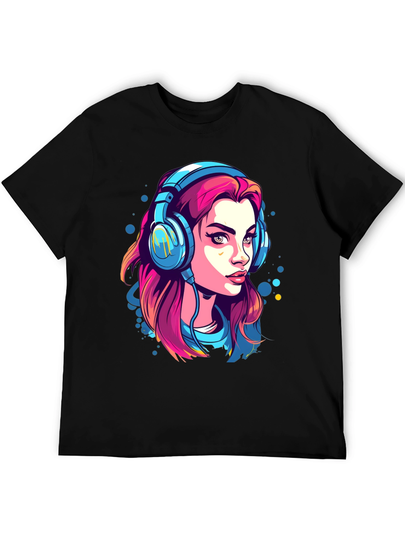 Girl with Headphones Graphic Tee - Black