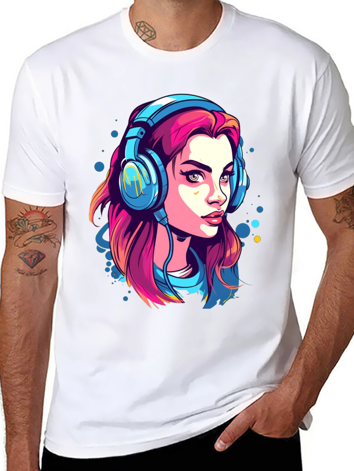 Girl with Headphones Graphic Tee - Black