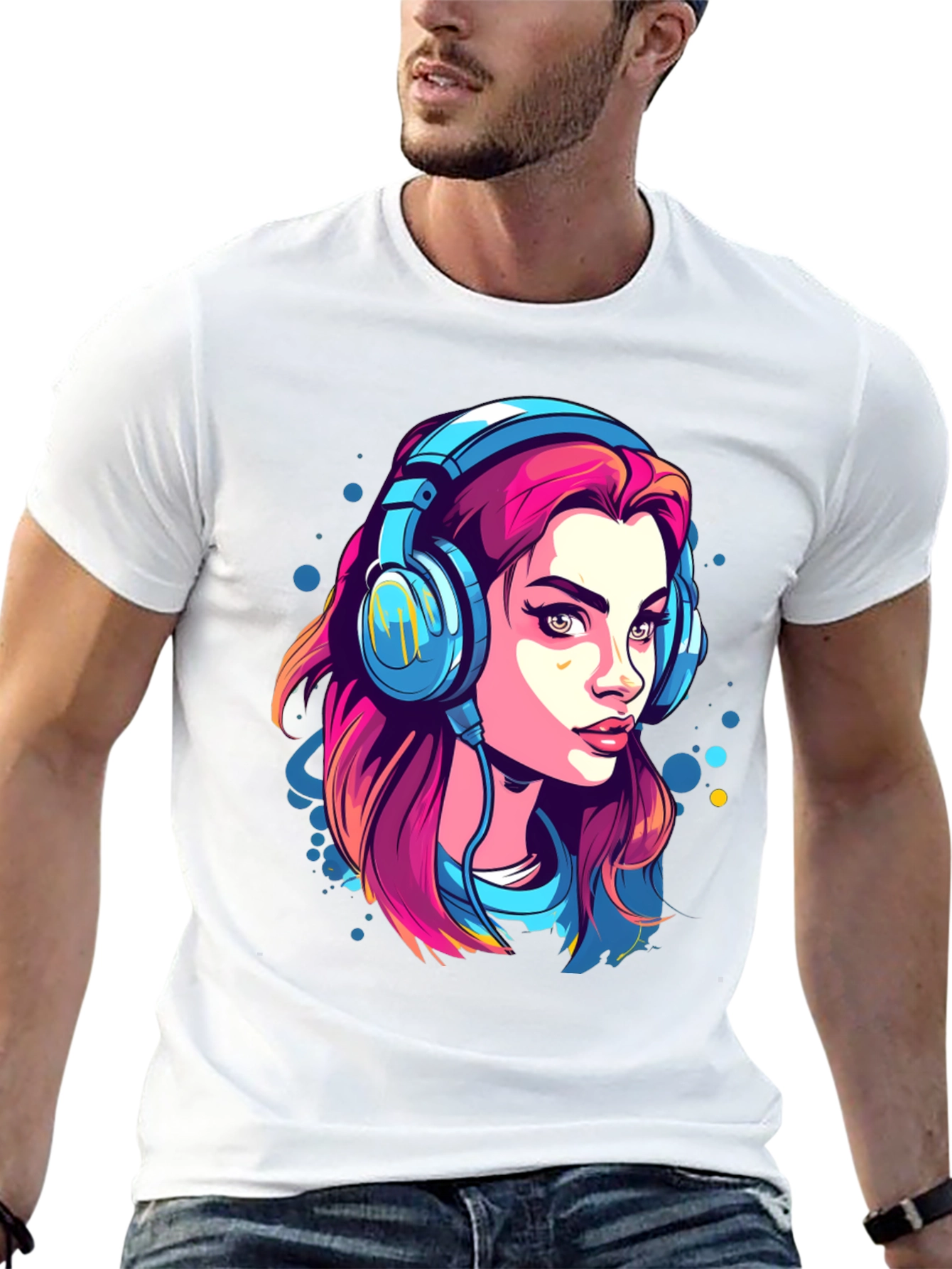 Girl with Headphones Graphic Tee - Black