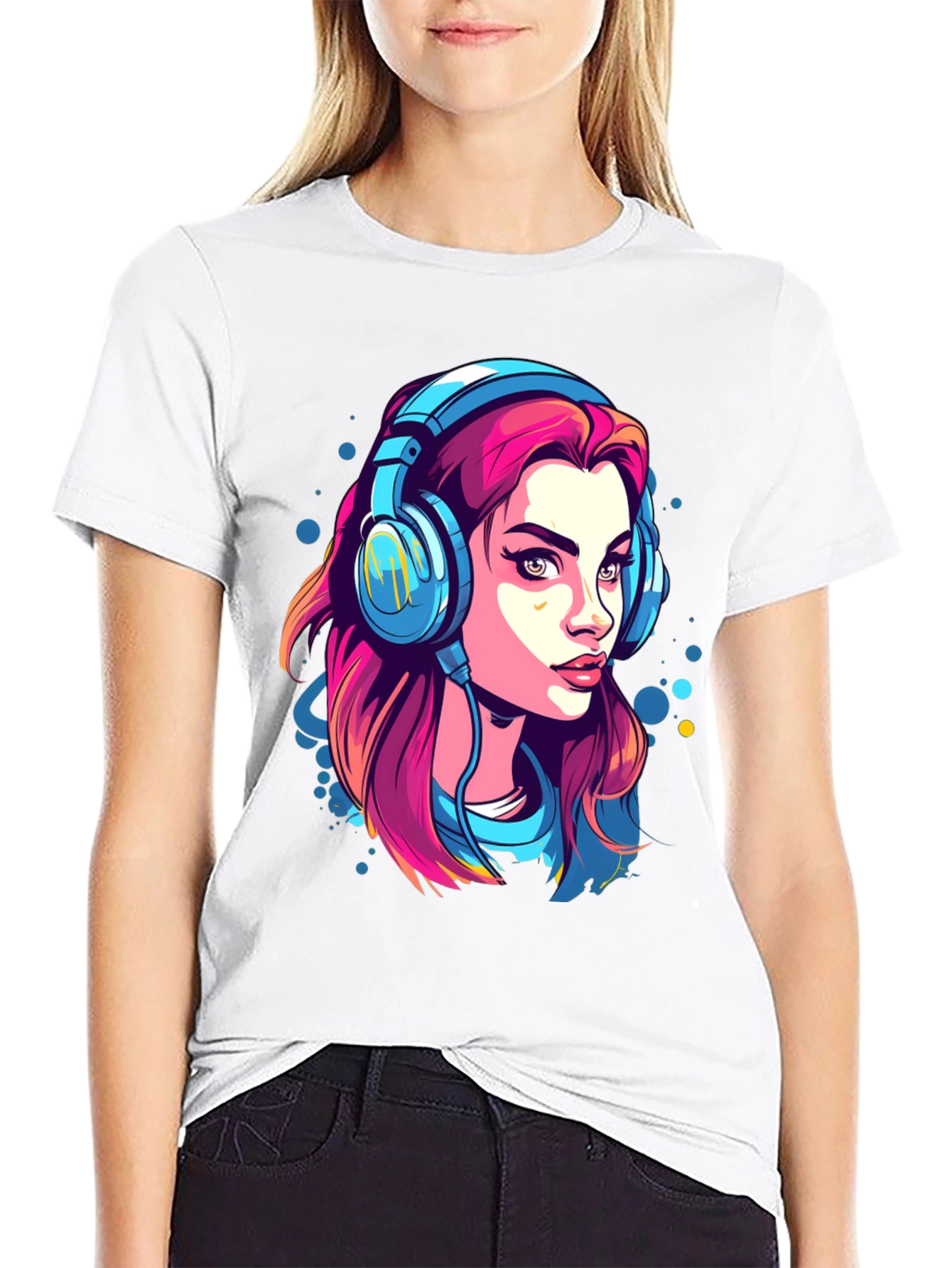 Girl with Headphones Graphic Tee - Black