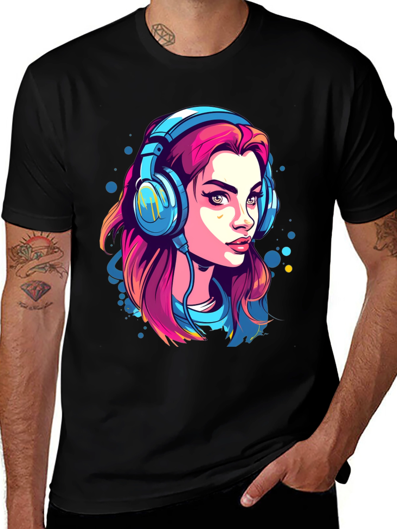 Girl with Headphones Graphic Tee - Black