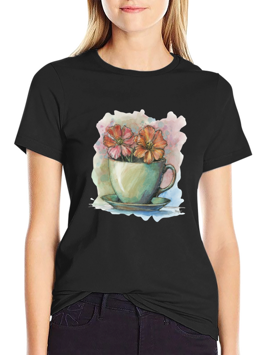 Floral Teacup Graphic Tee - Artistic Casual Wear