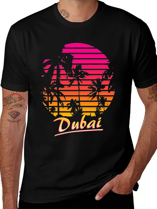 Retro Dubai Sunset T-Shirt - Vintage Palm Tree Design