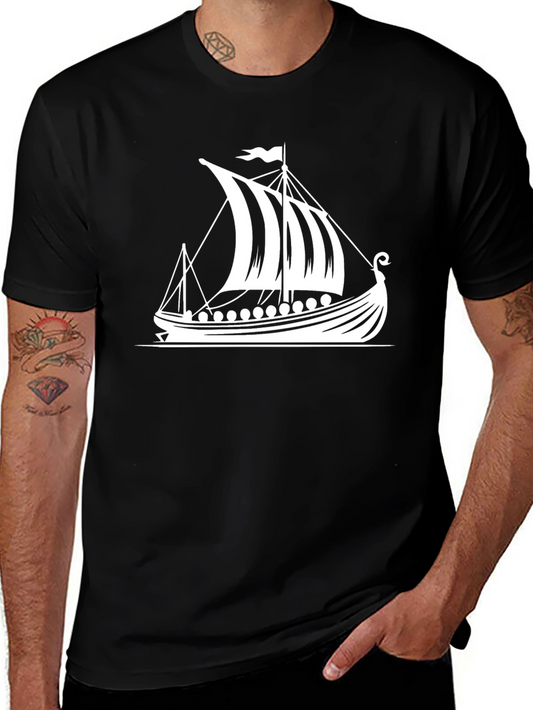 Viking Ship Graphic Tee - Black Cotton T-Shirt