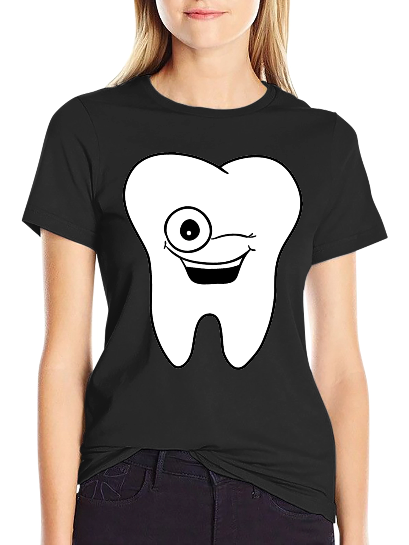 Funny Cartoon Tooth Black T-Shirt