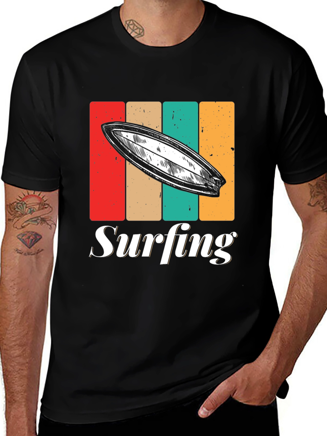 Retro Surfing T-Shirt - Black Surfboard Tee