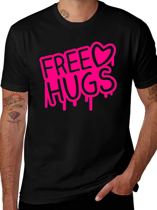 Free Hugs Graphic Tee - Black Cotton Casual Shirt