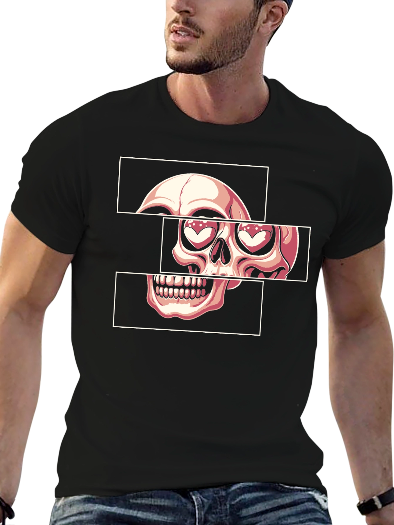 Skull Heart Eyes Graphic Tee - Black Cotton Blend