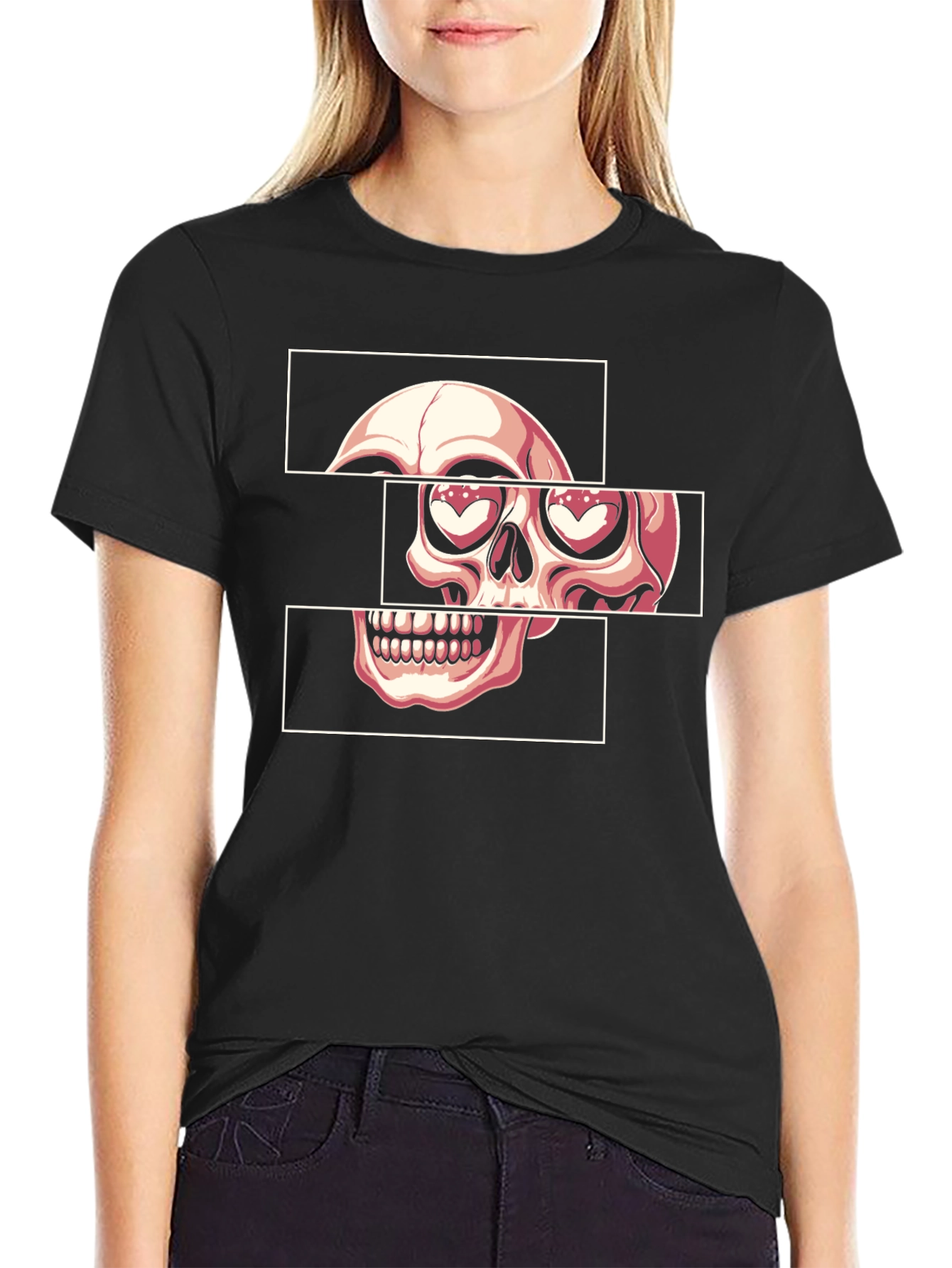 Skull Heart Eyes Graphic Tee - Black Cotton Blend