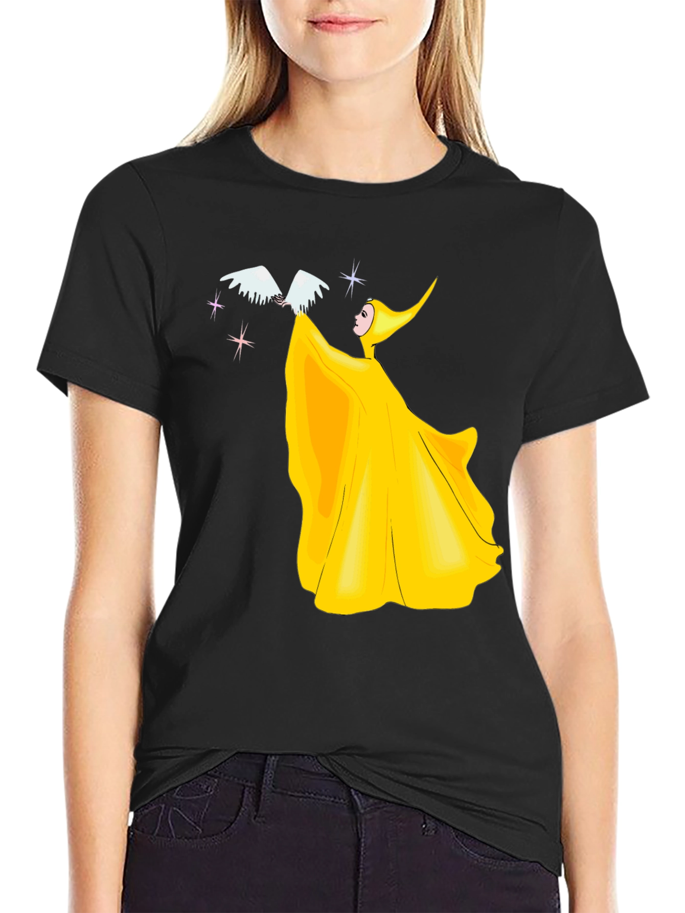 Yellow Fairy with Bird Graphic T-Shirt