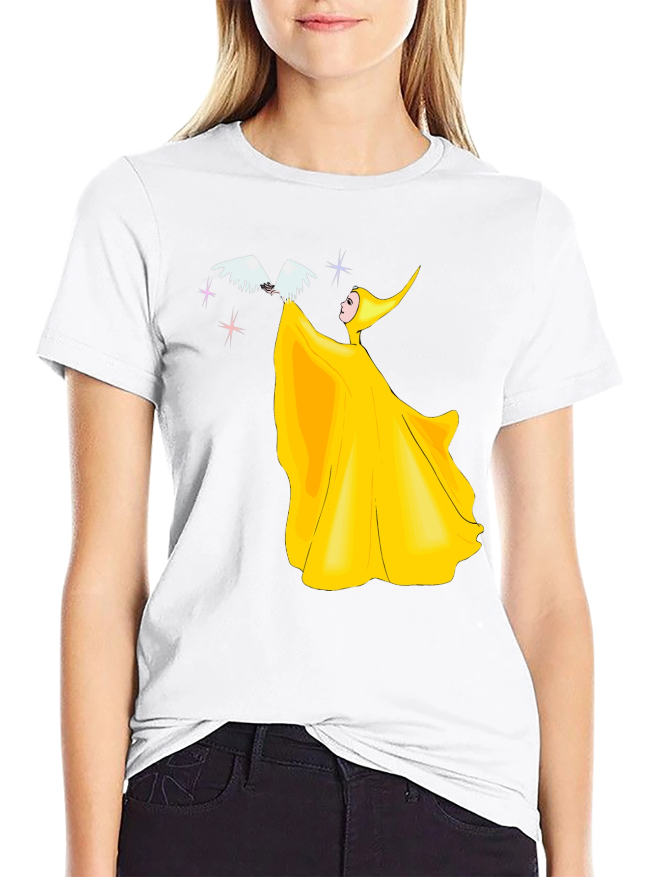 Yellow Fairy with Bird Graphic T-Shirt