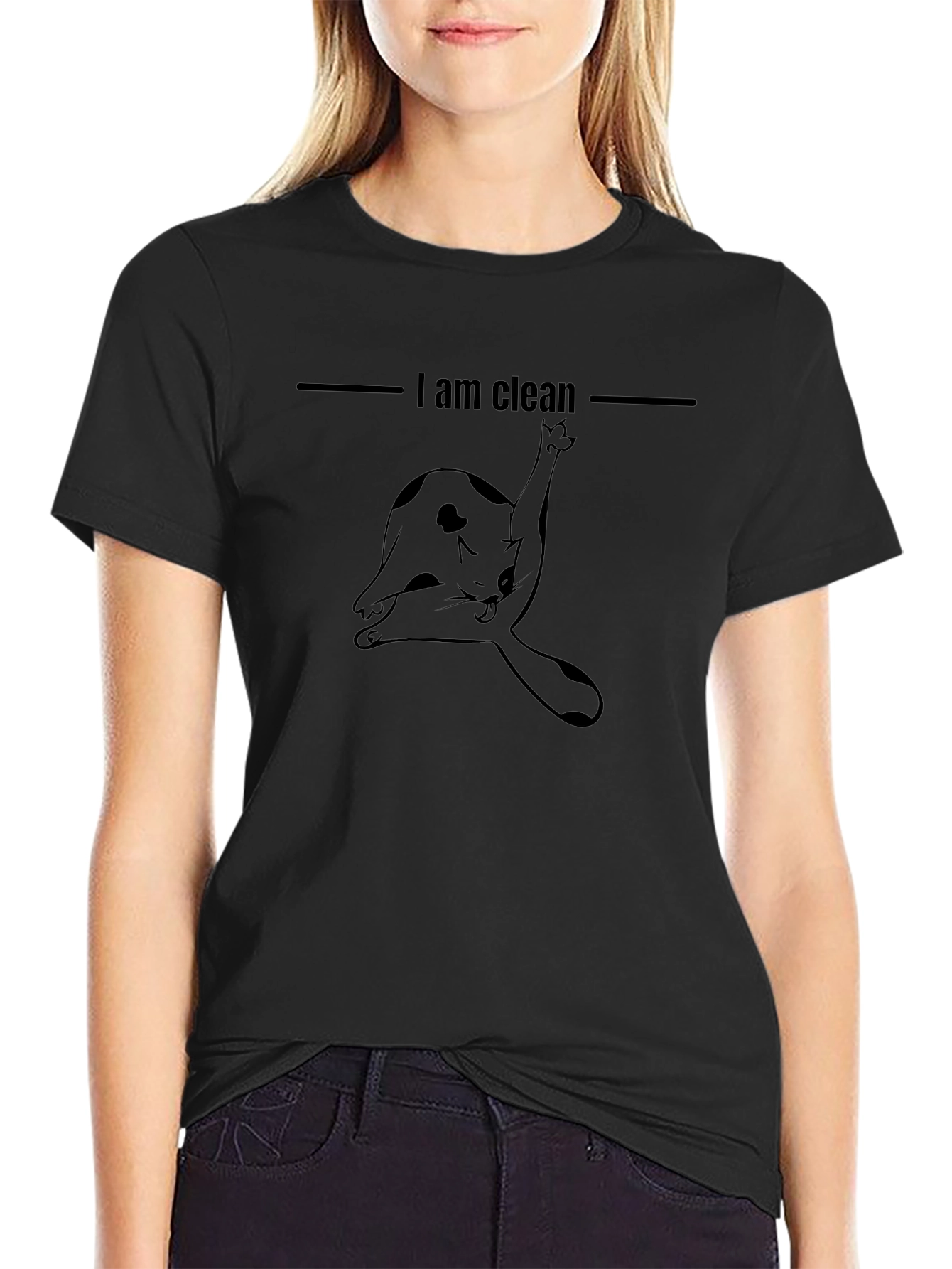 Funny Cat Licking Black T-Shirt - I am Clean