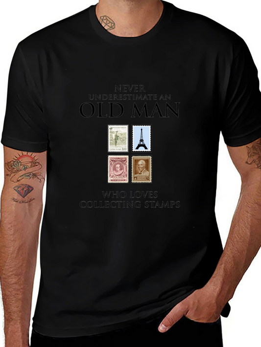 Old Man Stamps Graphic Tee - Unique Collector Gift