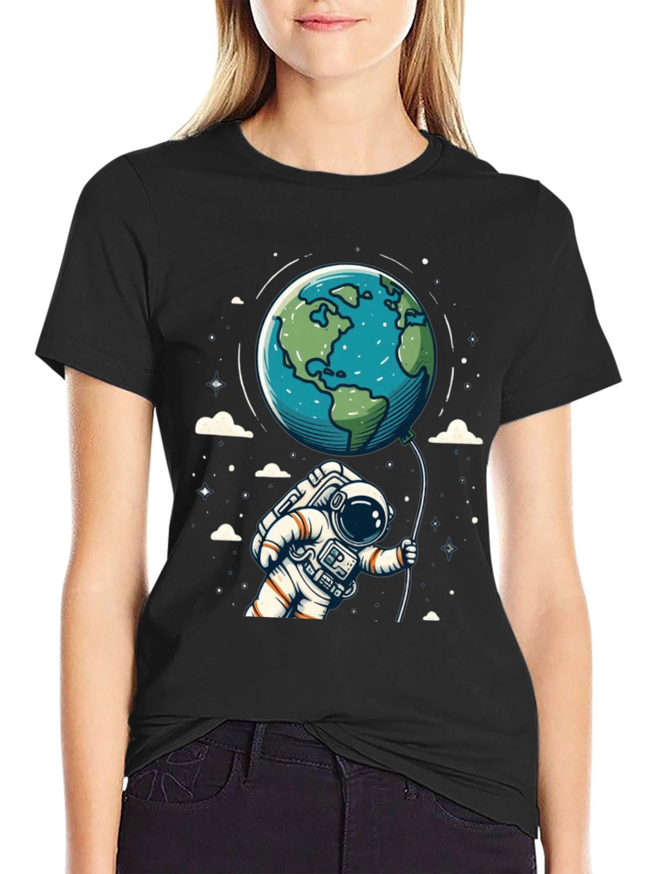 Astronaut Earth Balloon Black T-Shirt