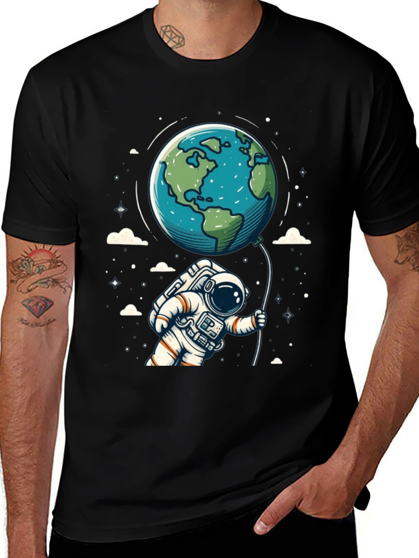 Astronaut Earth Balloon Black T-Shirt