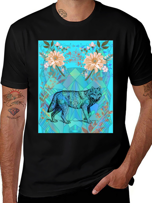 Wolf Floral Print Graphic Tee - Black