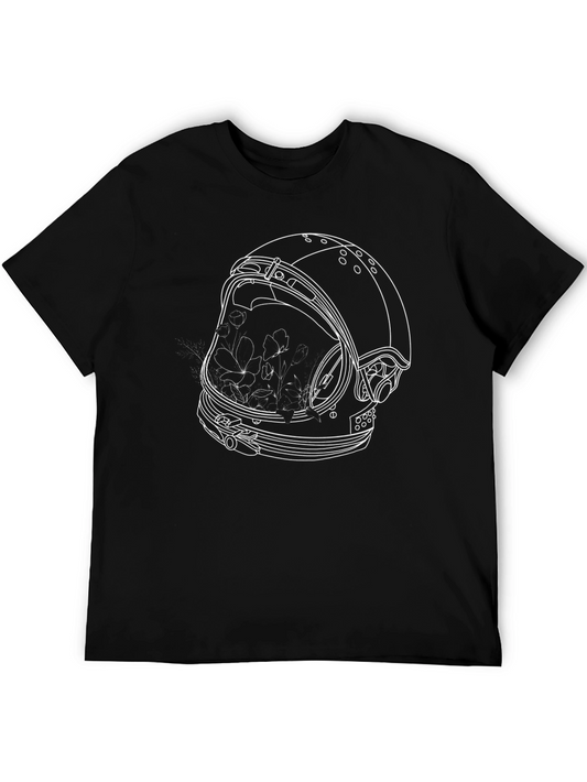 Astronaut Helmet & Floral Graphic Black T-Shirt