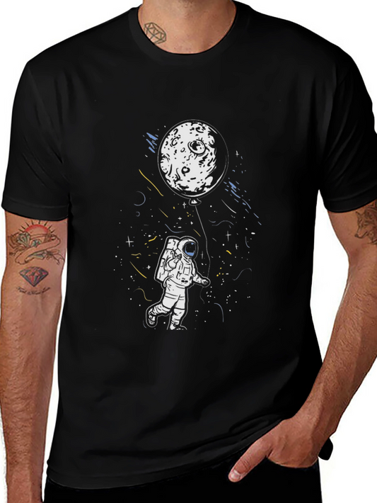 Astronaut & Moon Balloon Graphic Tee - Black Cotton Blend