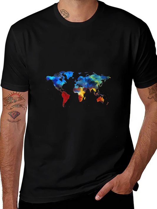 Watercolor World Map Black T-Shirt