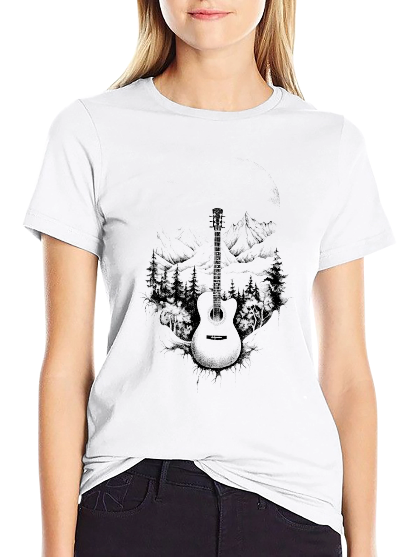 Guitar Landscape Print Black T-Shirt