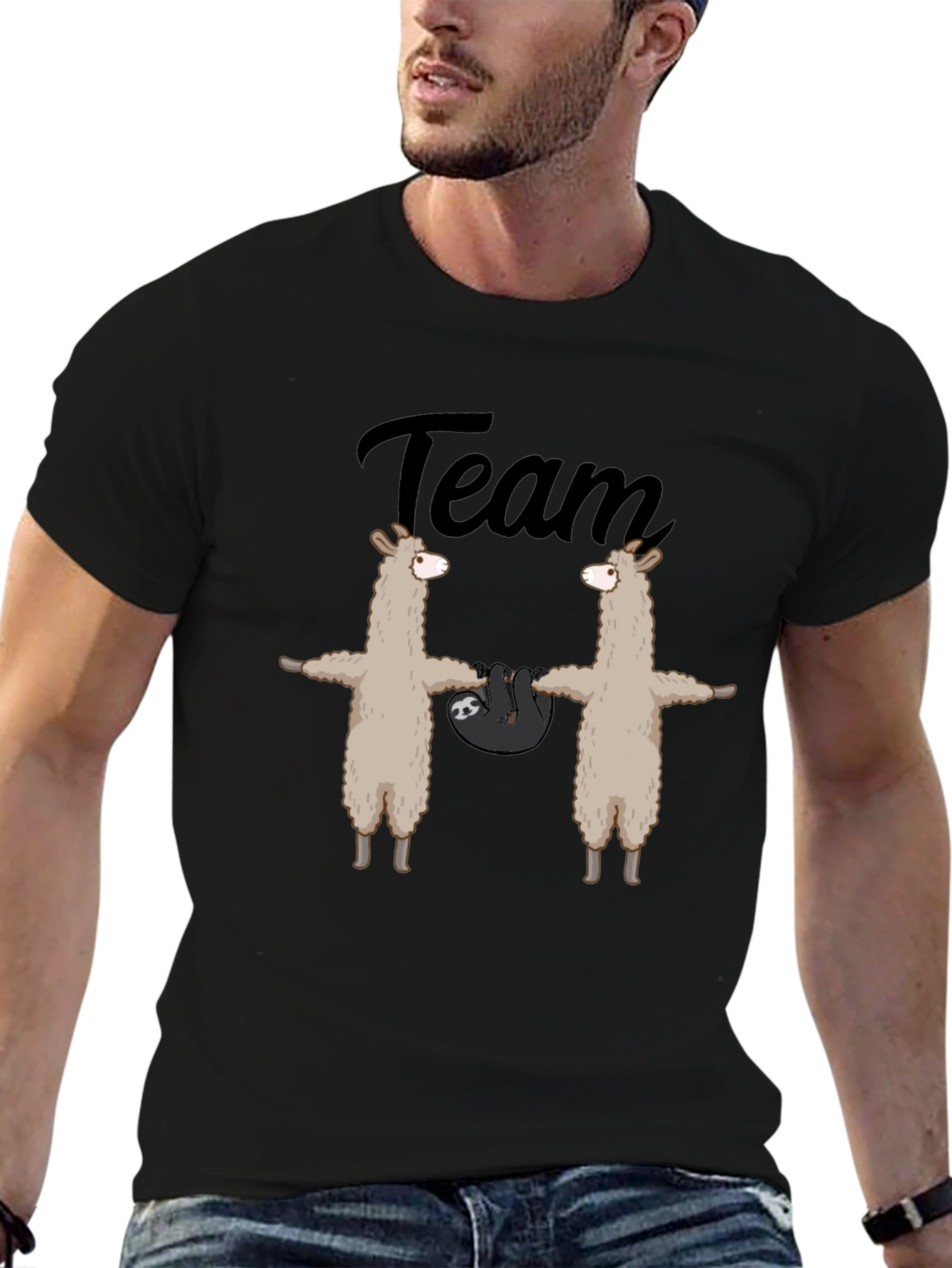 Team Llama Sloth T-Shirt - Black Crew Neck Tee